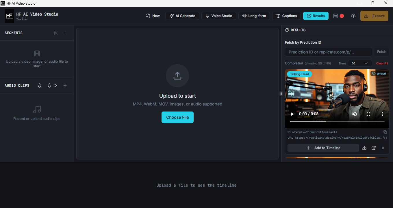 HF AI Video Studio — main dashboard