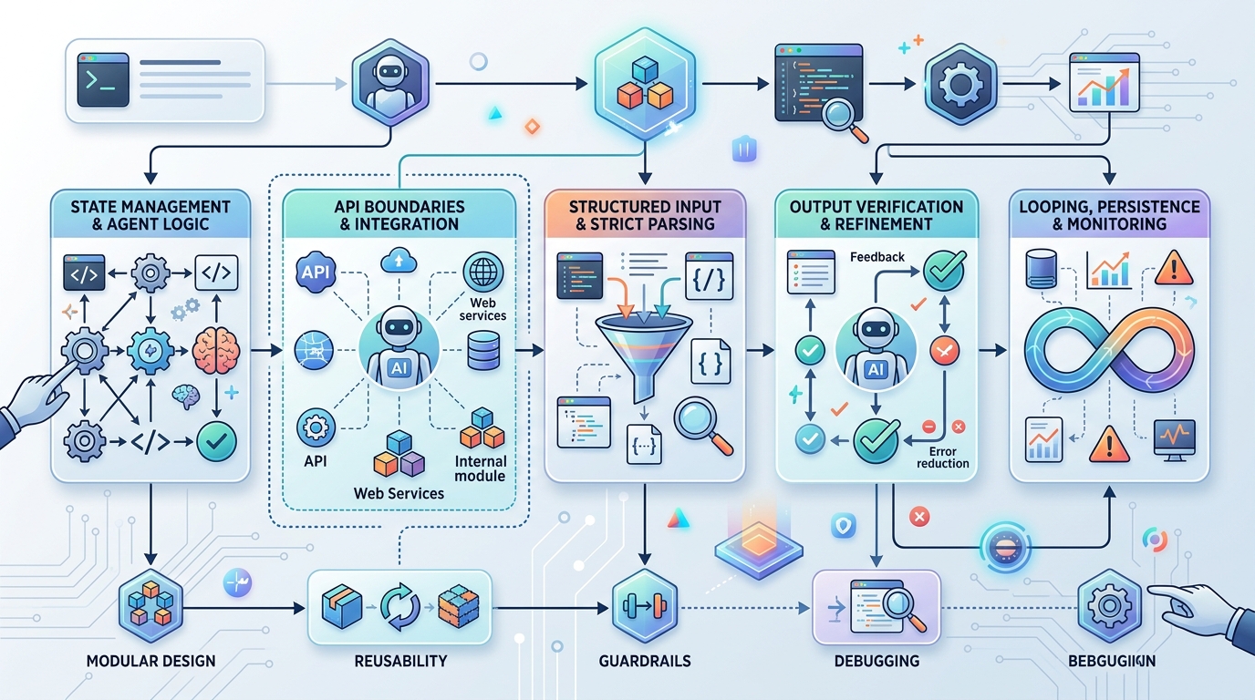 A conceptual flowchart illustrating best practices for building AI agent workflows, including steps like implementing state machines and strict output parsing.