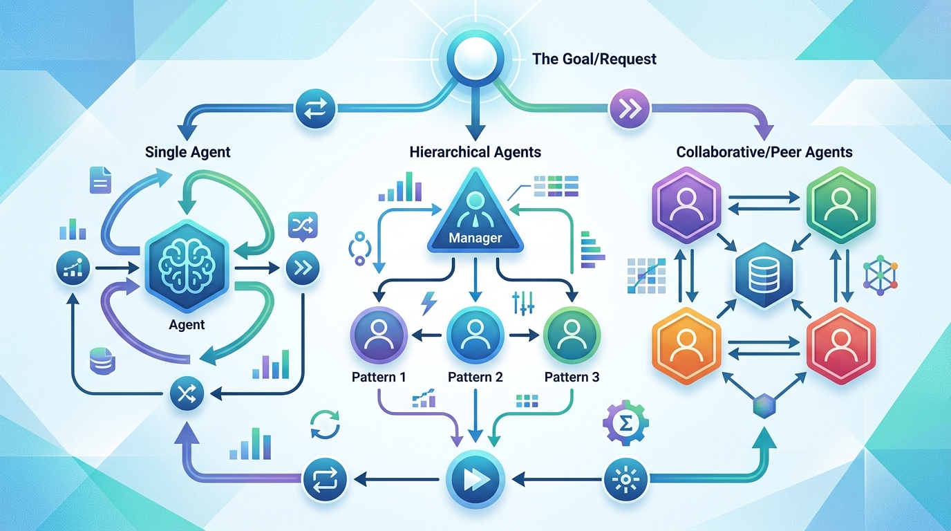 Flowchart illustrating the conceptual flow and relationships between various AI agent architecture patterns.