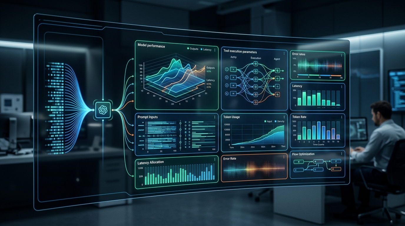 Dashboard view showing abstract metrics for AI agent debugging and LLM workflow observability, including prompt inputs, model outputs, and tool execution data.