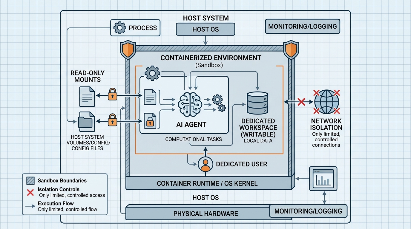 Architectural diagram showing an AI agent securely sandboxed within an isolated container, with clear divisions for its workspace, read-only inputs, and restricted network access.