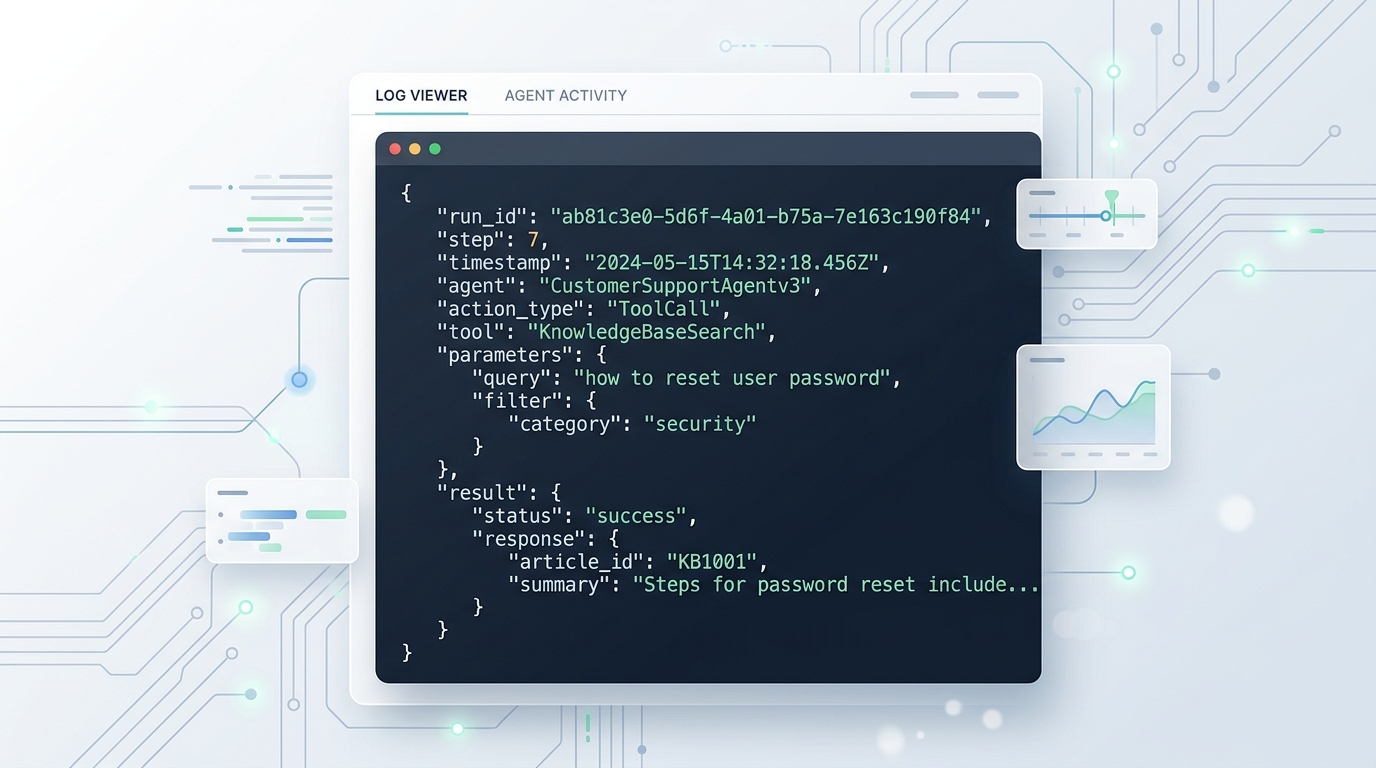 JSON log example for AI agent actions in production.