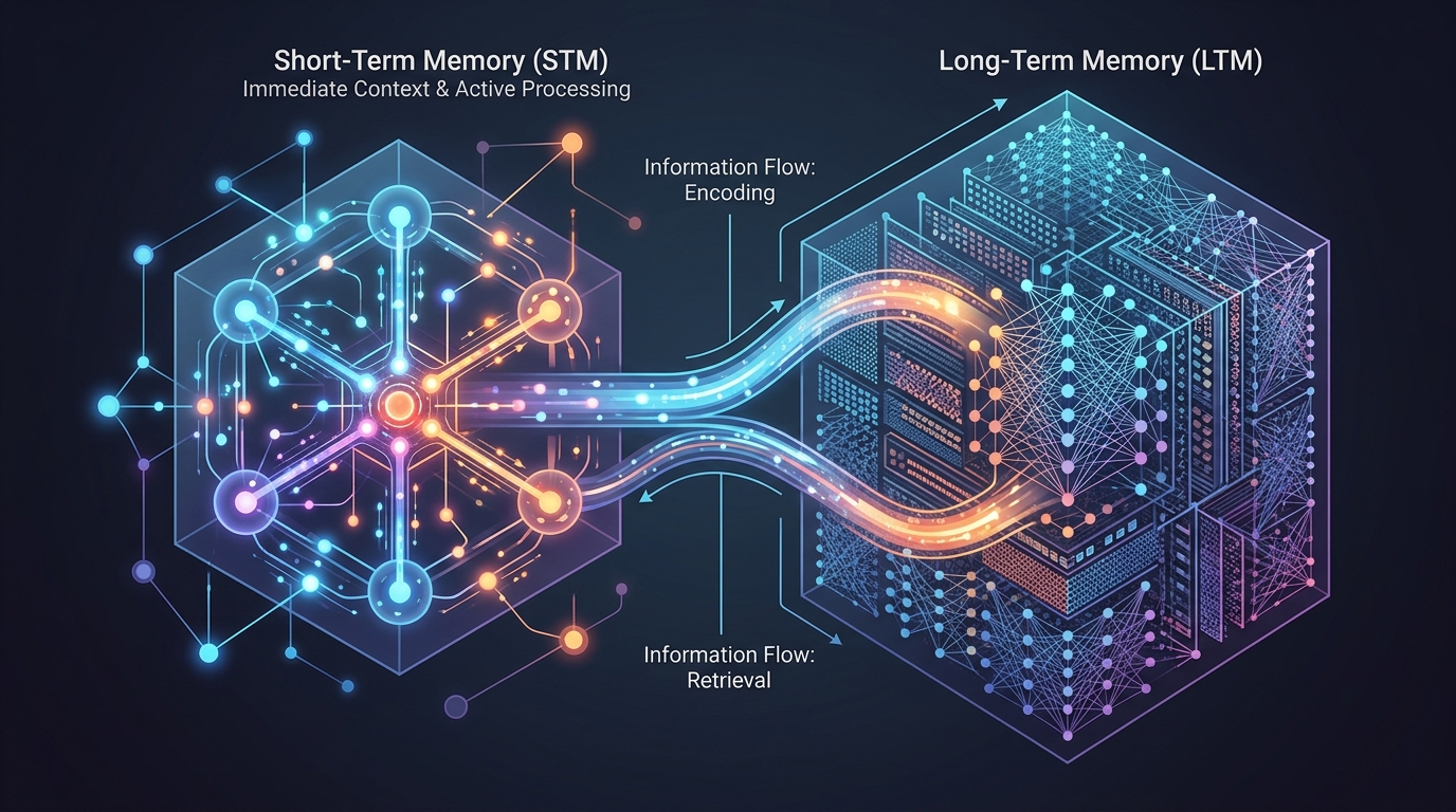 Diagram illustrating the interaction and flow between short-term and long-term memory components within an AI agent's architecture.