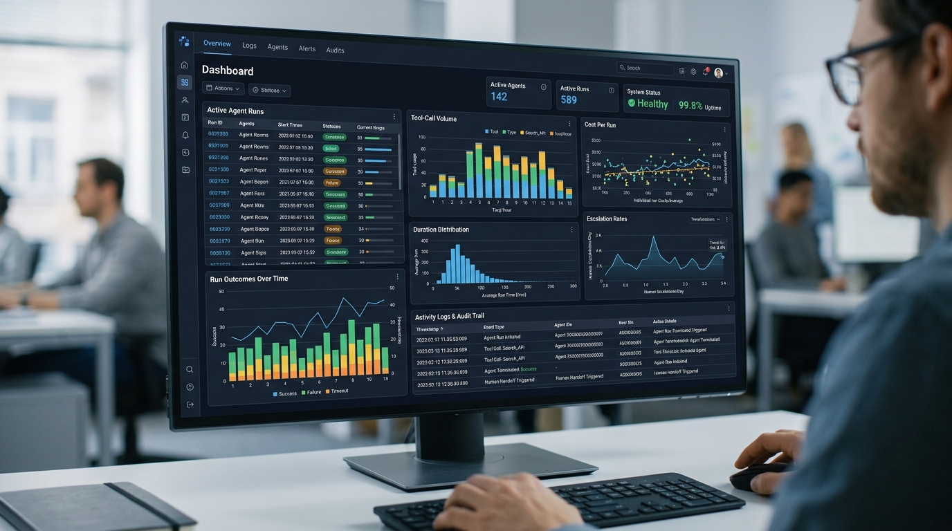 Dashboard for AI agent monitoring, logging, and audit trail setup.