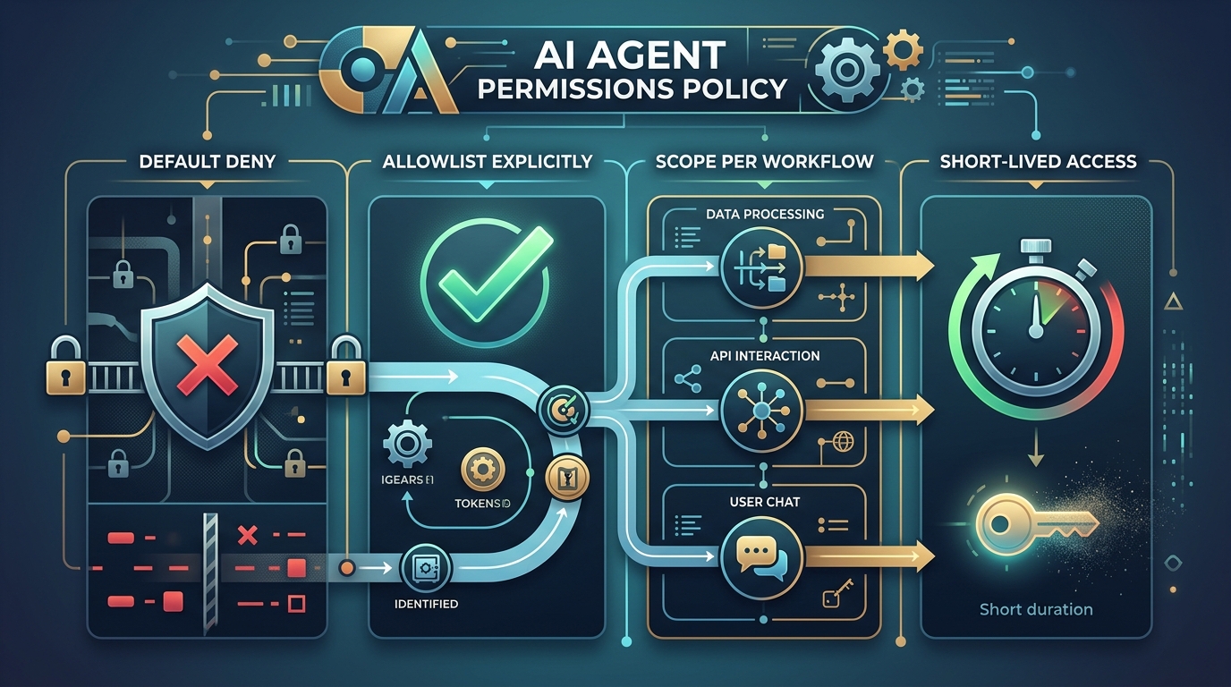 Conceptual image representing AI agent permissions best practices, such as default deny, explicit allowlisting, and workflow-scoped access, through a stylized configuration file.