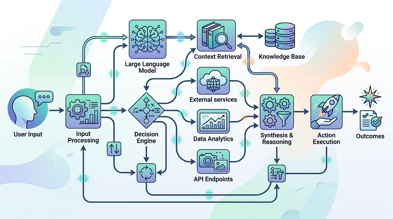 Visual diagram of an AI agent workflow builder connecting various AI models and API endpoints in a multi-step process.
