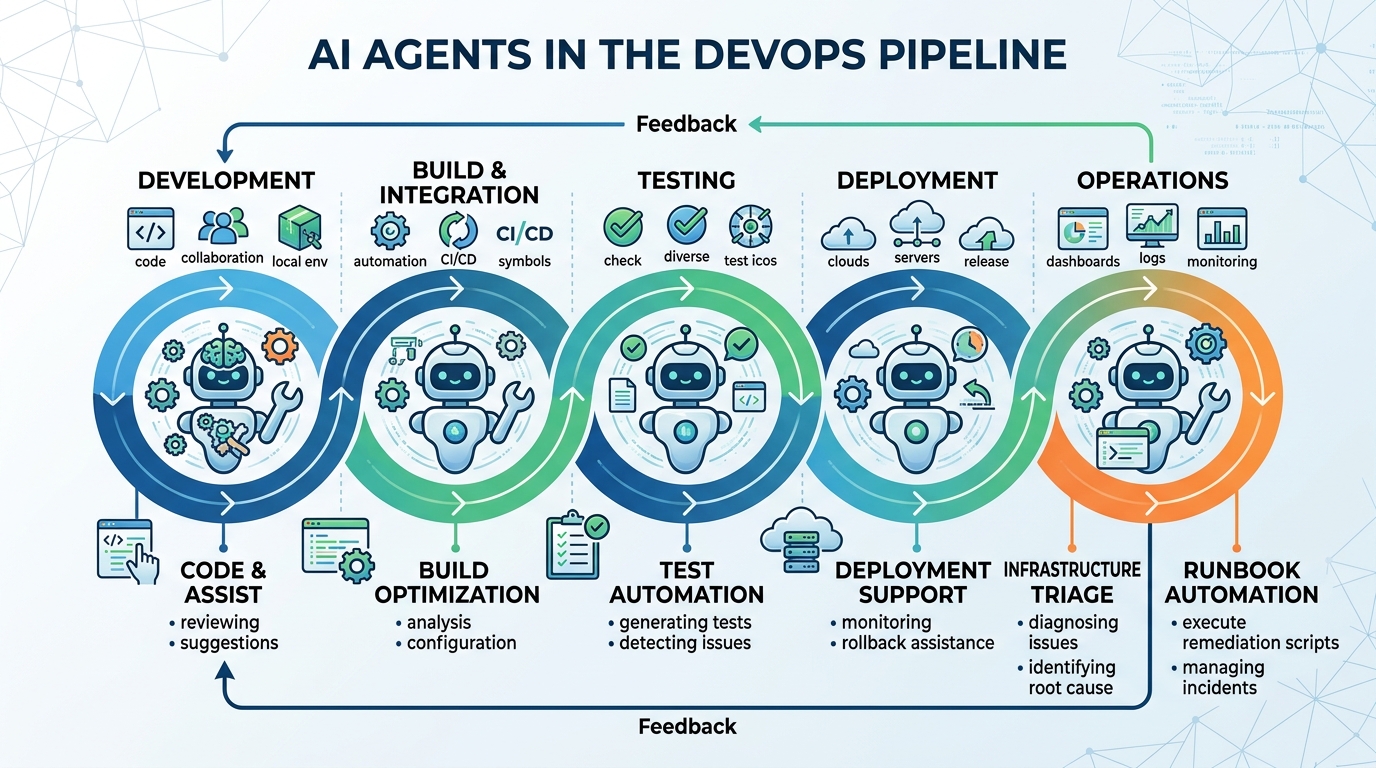 Diagram illustrating the integration of AI agents into a DevOps pipeline, showcasing their roles in various stages like development, testing, deployment, and operations for tasks such as runbook automation and infrastructure management.
