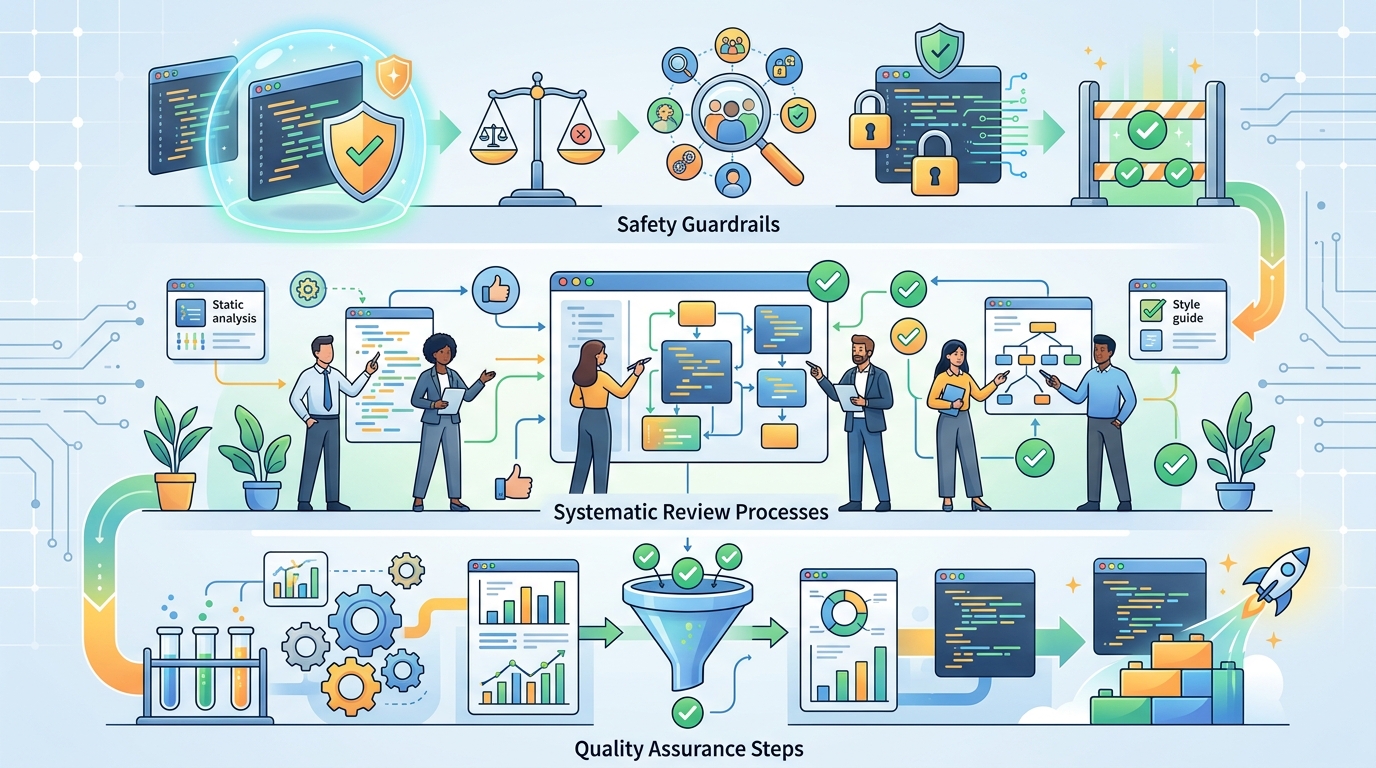 A checklist for AI code quality, highlighting safety guardrails and review processes for development teams.