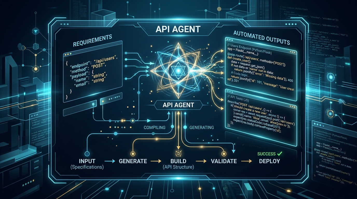 An AI coding agent automating the creation of API endpoints, showcasing code generation and a streamlined development workflow.