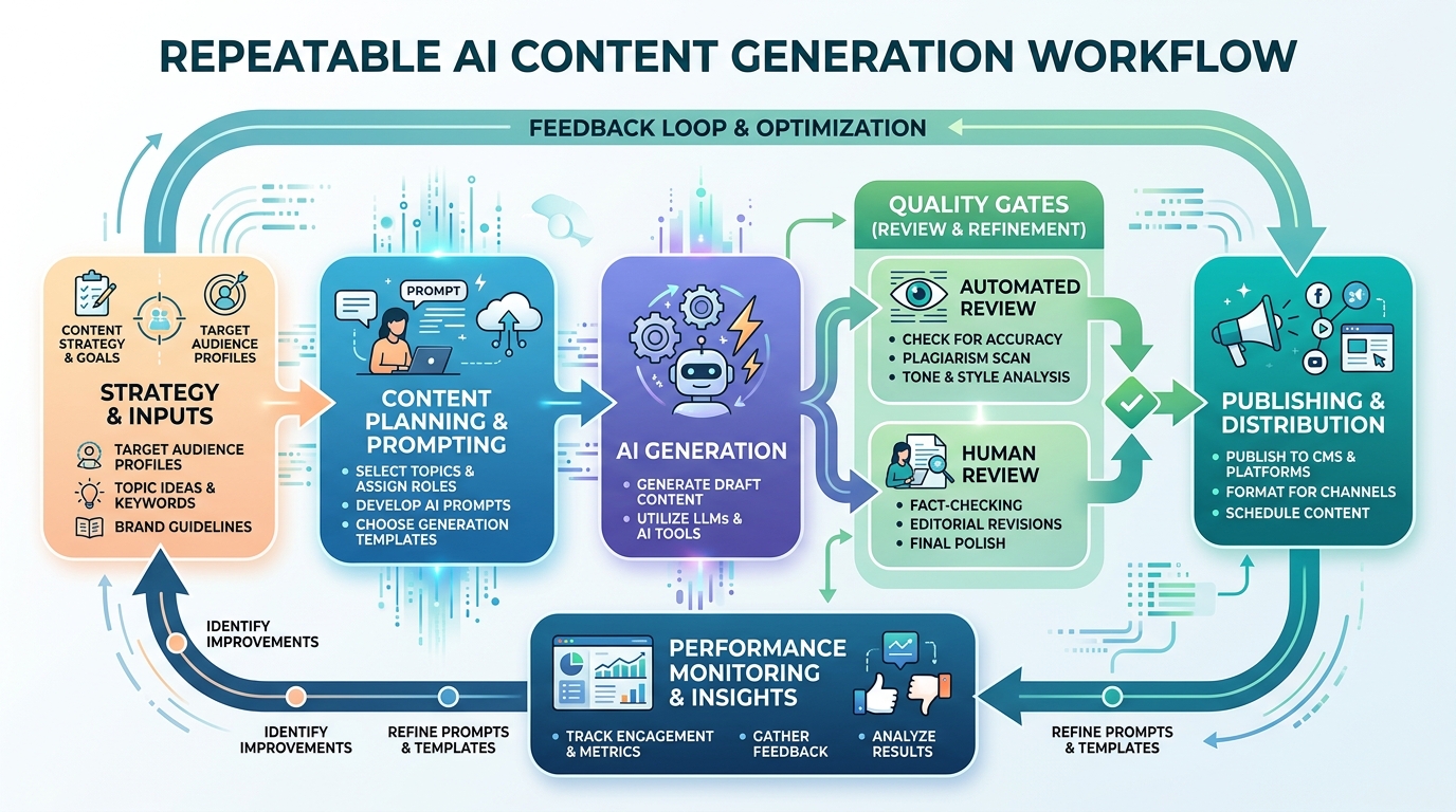 Diagram illustrating a repeatable AI content generation workflow with stages for strategy, generation, quality control, publishing, and feedback.