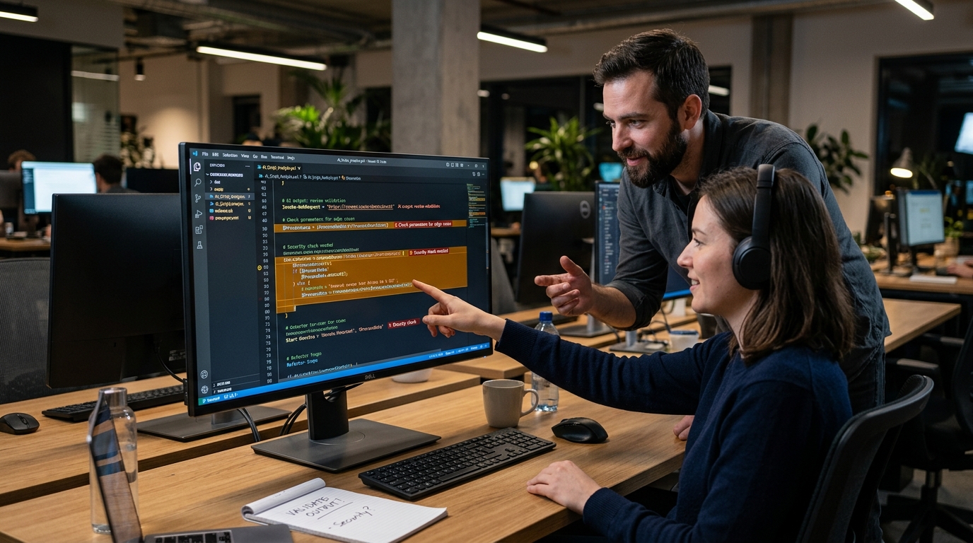 A visual representation of a code review interface, highlighting an AI-generated PowerShell script being scrutinized for accuracy and best practices.