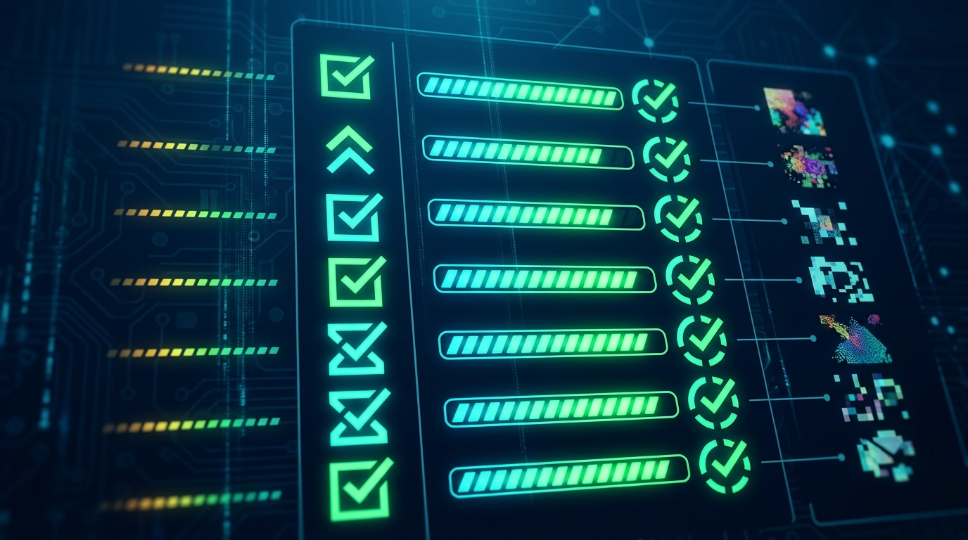 Abstract visual representing a terminal screen displaying successful completion messages for a batch of AI image generation tasks.