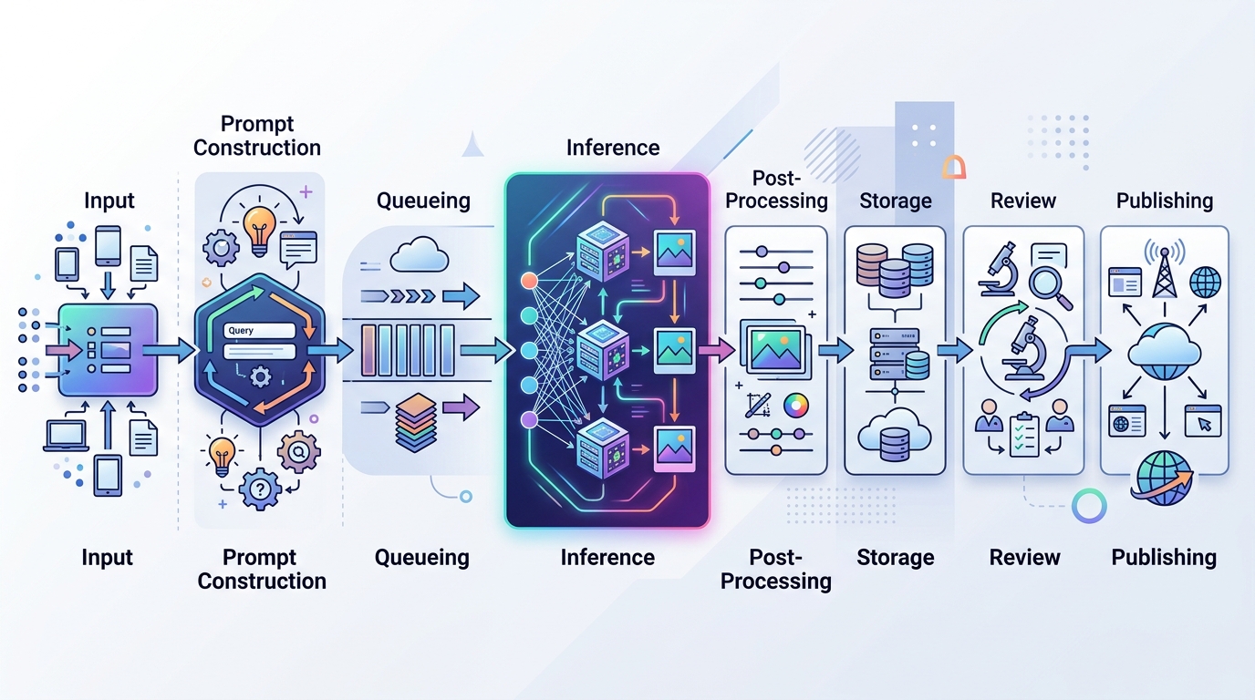 Diagram illustrating the architecture of a scalable AI image generation pipeline, showing interconnected stages from request intake to publishing.