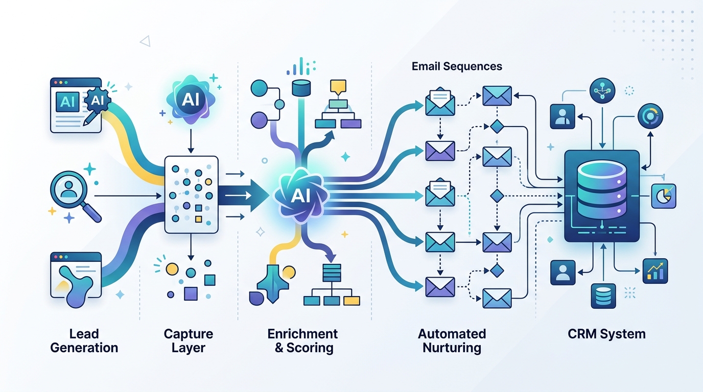 Diagram illustrating the flow of AI marketing automation for startups, showing how leads are generated, nurtured, and connected to a CRM system.