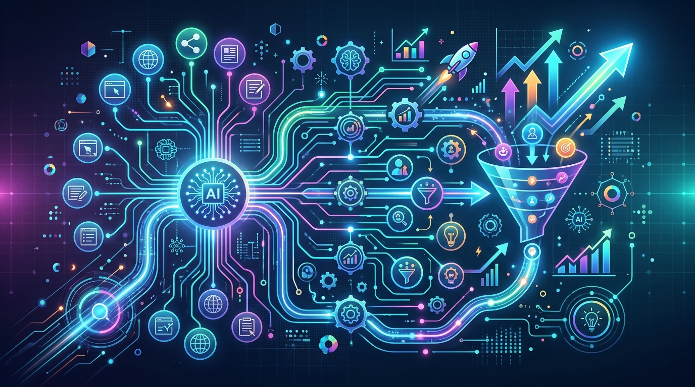 An abstract illustration of AI-powered marketing workflows designed for founders, demonstrating automated lead generation processes through interconnected digital systems.