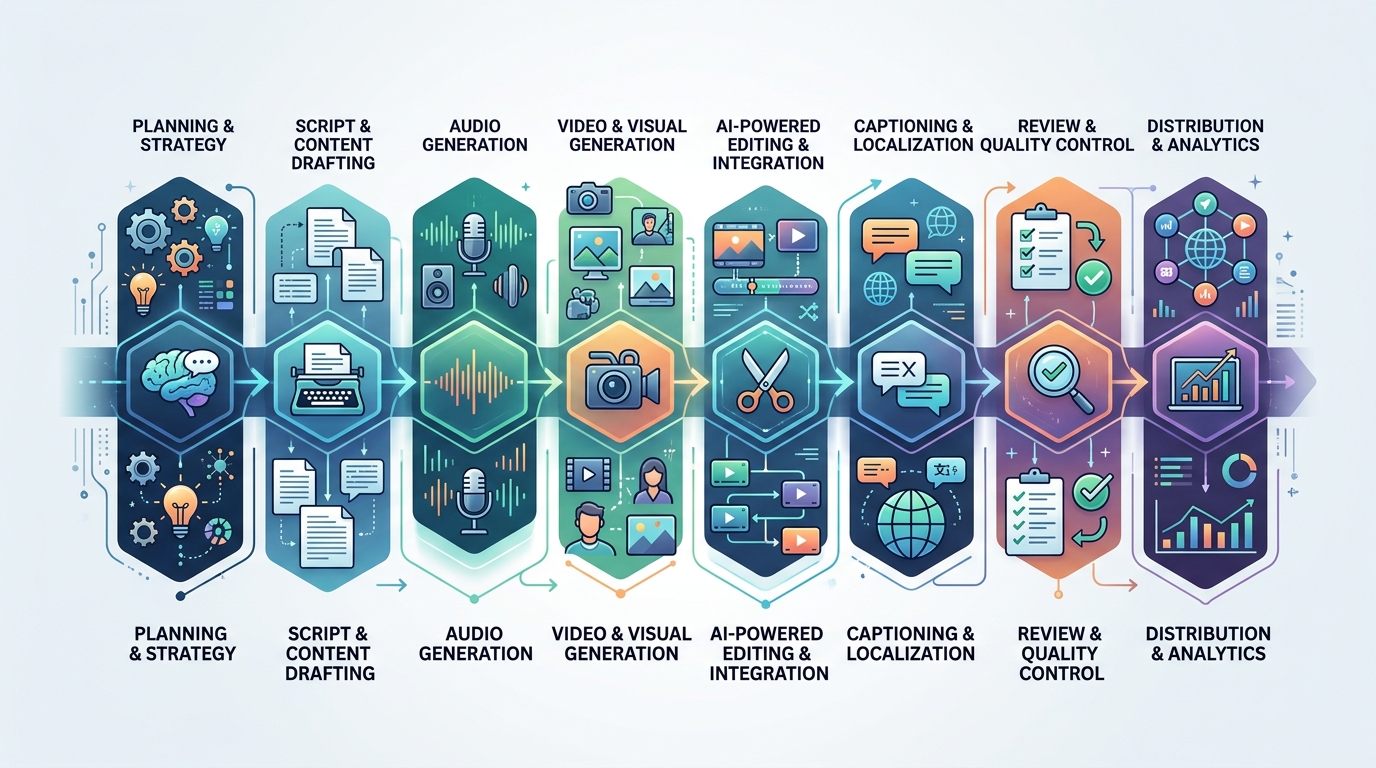 Infographic showing the stages of an AI media production pipeline, from planning and content creation to review and distribution.