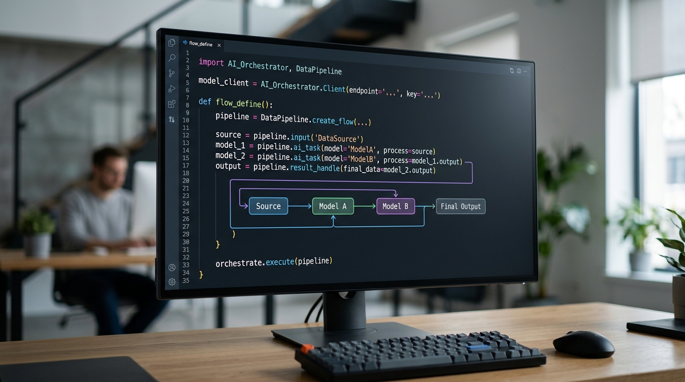 A visual representation of a code snippet demonstrating a complete AI model orchestration API connection, highlighting data flow and API interactions.