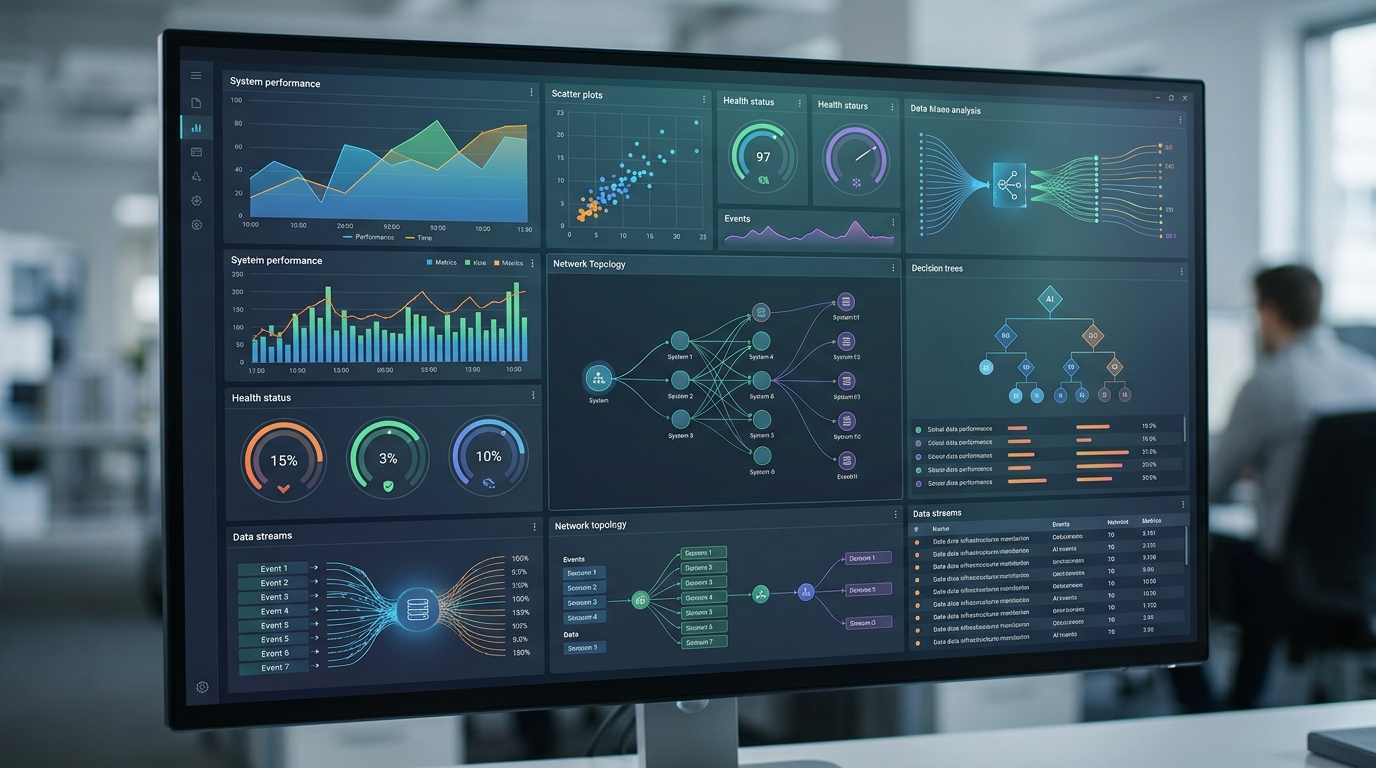 Dashboard of an AI Ops assistant showing infrastructure monitoring data, alerts, and AI-generated suggestions.
