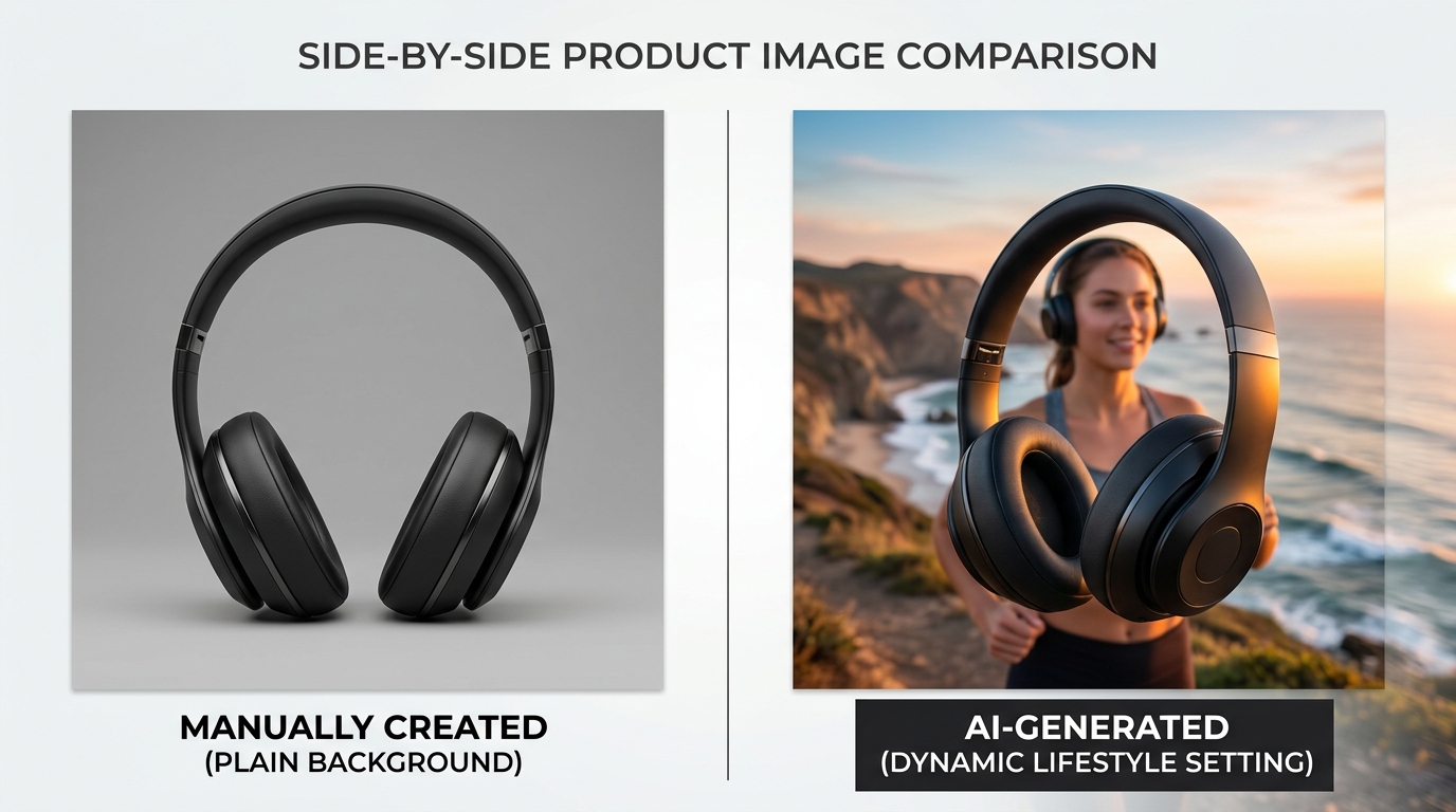 A side-by-side comparison demonstrating the difference between a manually created product image and an AI-generated product image in a lifestyle setting.