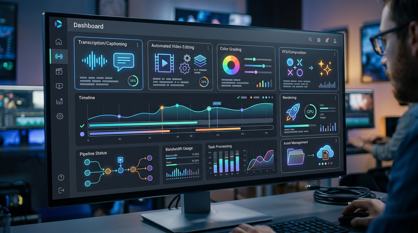 A dashboard interface displaying various AI tools for content pipeline automation, designed for video production teams.