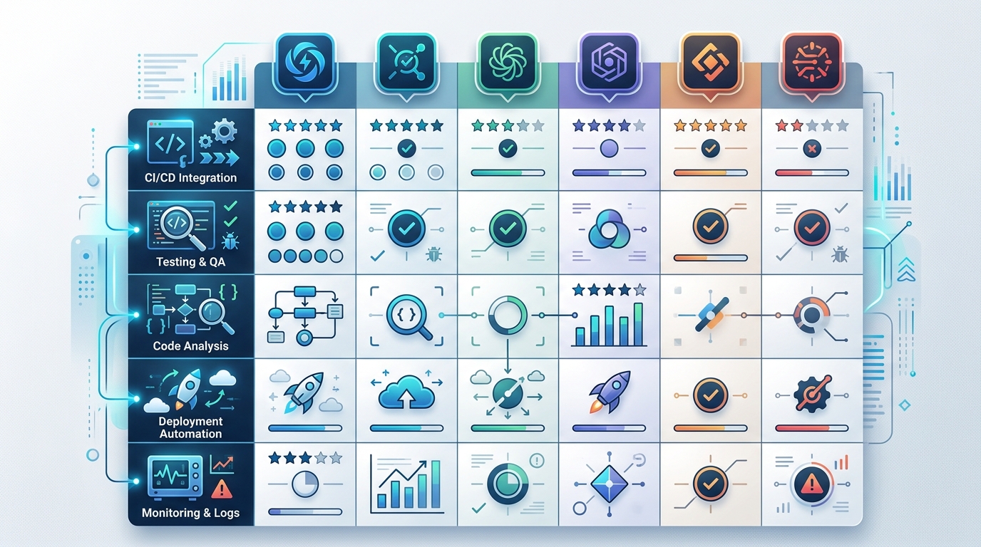 A stylized comparison table visually outlining the features and categories of top AI workflow automation tools available for developers.
