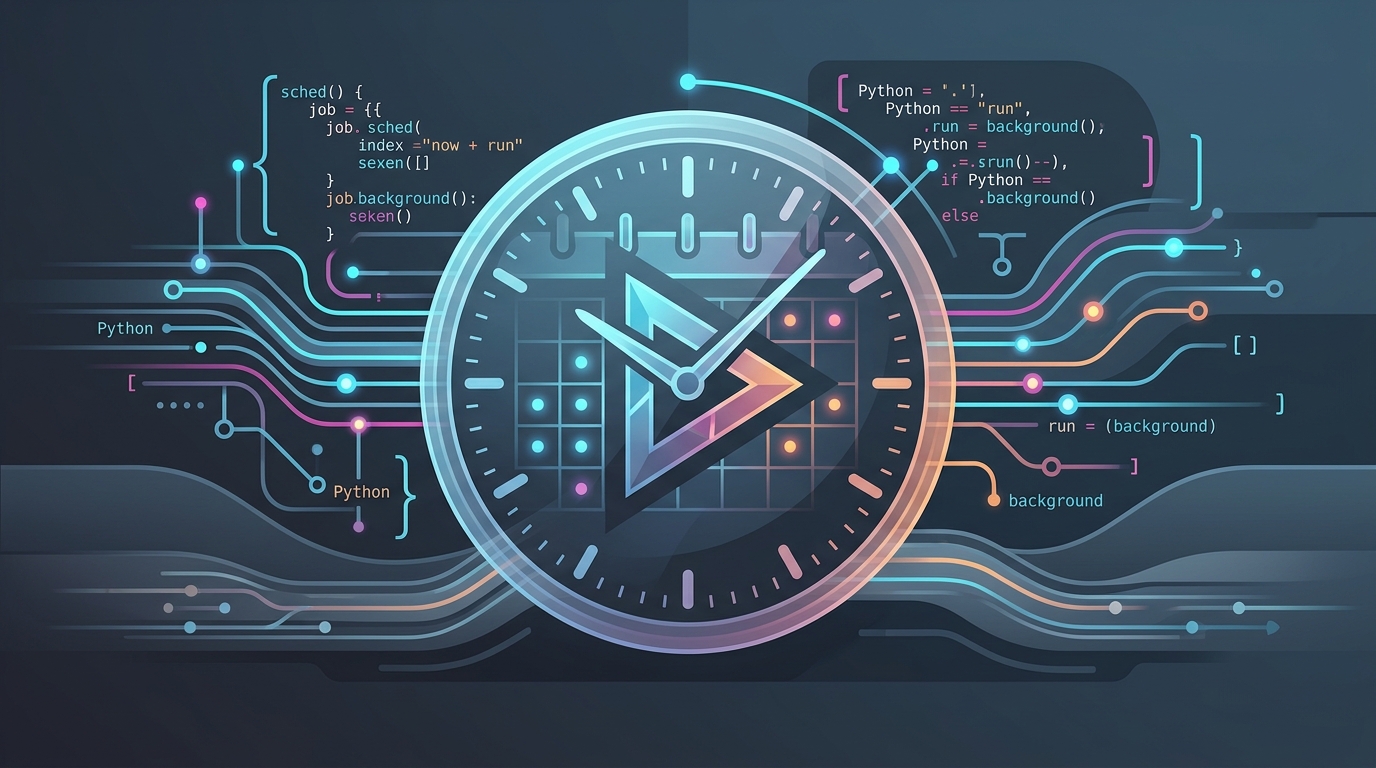 Illustration of APScheduler running a Python script in the background, without relying on a web server or traditional cron jobs, depicting a Python script icon connected to a clock or scheduler icon.