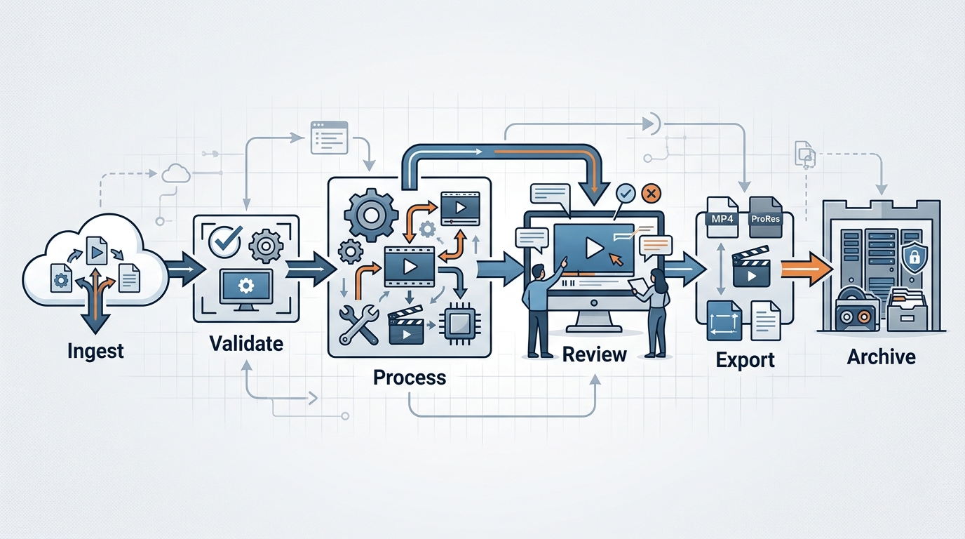 Architectural diagram of an automated video production pipeline