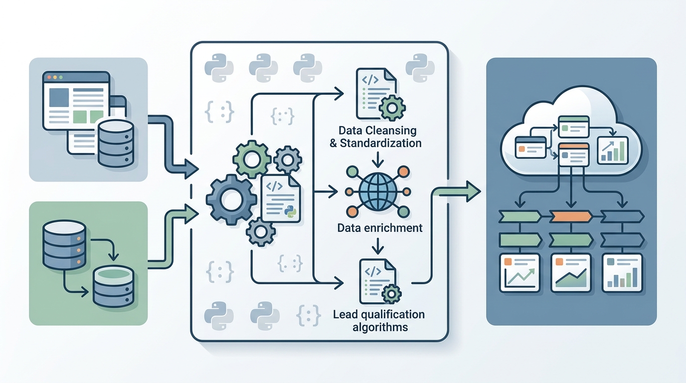 Diagram illustrating the architecture of custom prospecting tools built with Python, showing data flow from various sources through Python scripts to a CRM system.