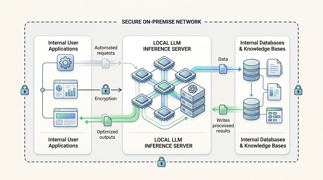 Architecture diagram showing internal applications interacting with a local LLM inference server within a secure network for data privacy and on-premise automation.