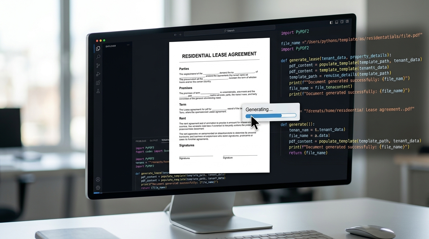 A screen displaying a real estate lease agreement being automatically populated with data, with Python code visible, symbolizing automated document generation.