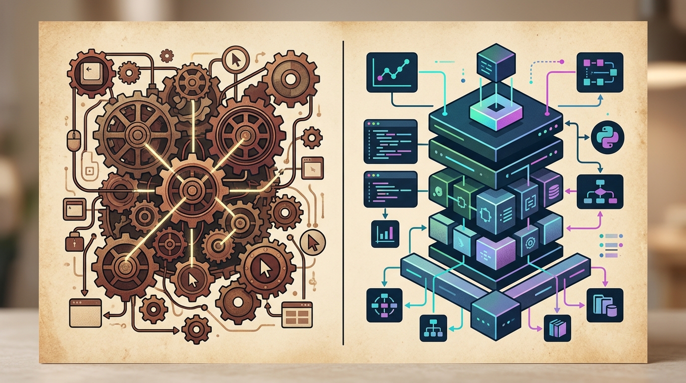 Side-by-side visual comparison of AutoHotkey and Python automation scripts, illustrating their different approaches.