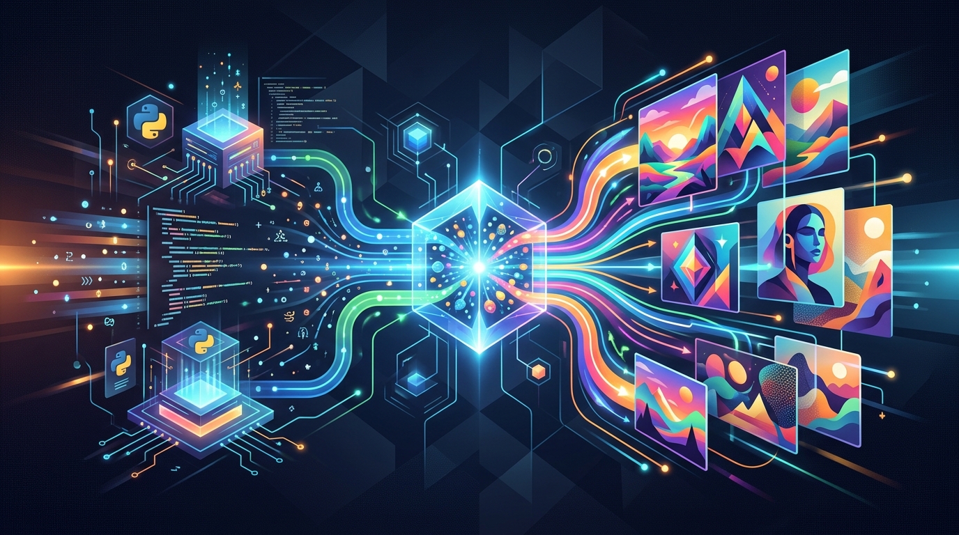 Abstract illustration showing Python code interacting with an API to automate the generation of digital images.