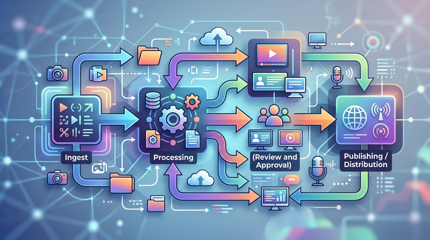 Diagram illustrating the stages of an automated media production workflow, including ingest, processing, review, and publishing.