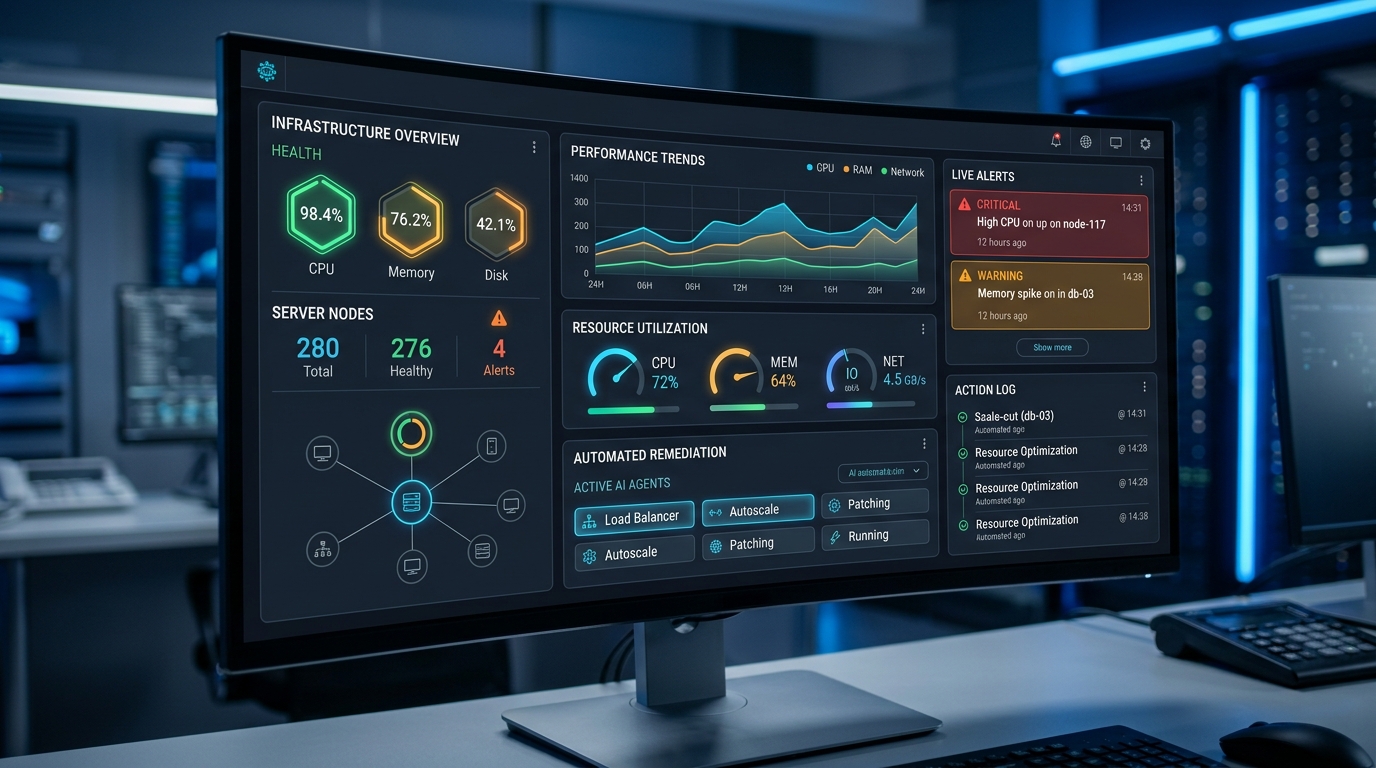 A conceptual dashboard for autonomous AI agent infrastructure monitoring, showing real-time data, performance metrics, and automated actions for managing IT infrastructure.