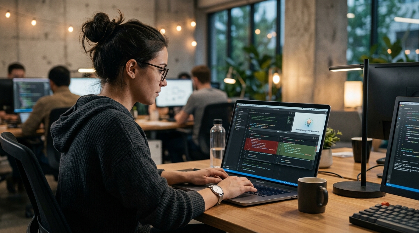 A backend developer using Claude AI to refactor Python code on a laptop.
