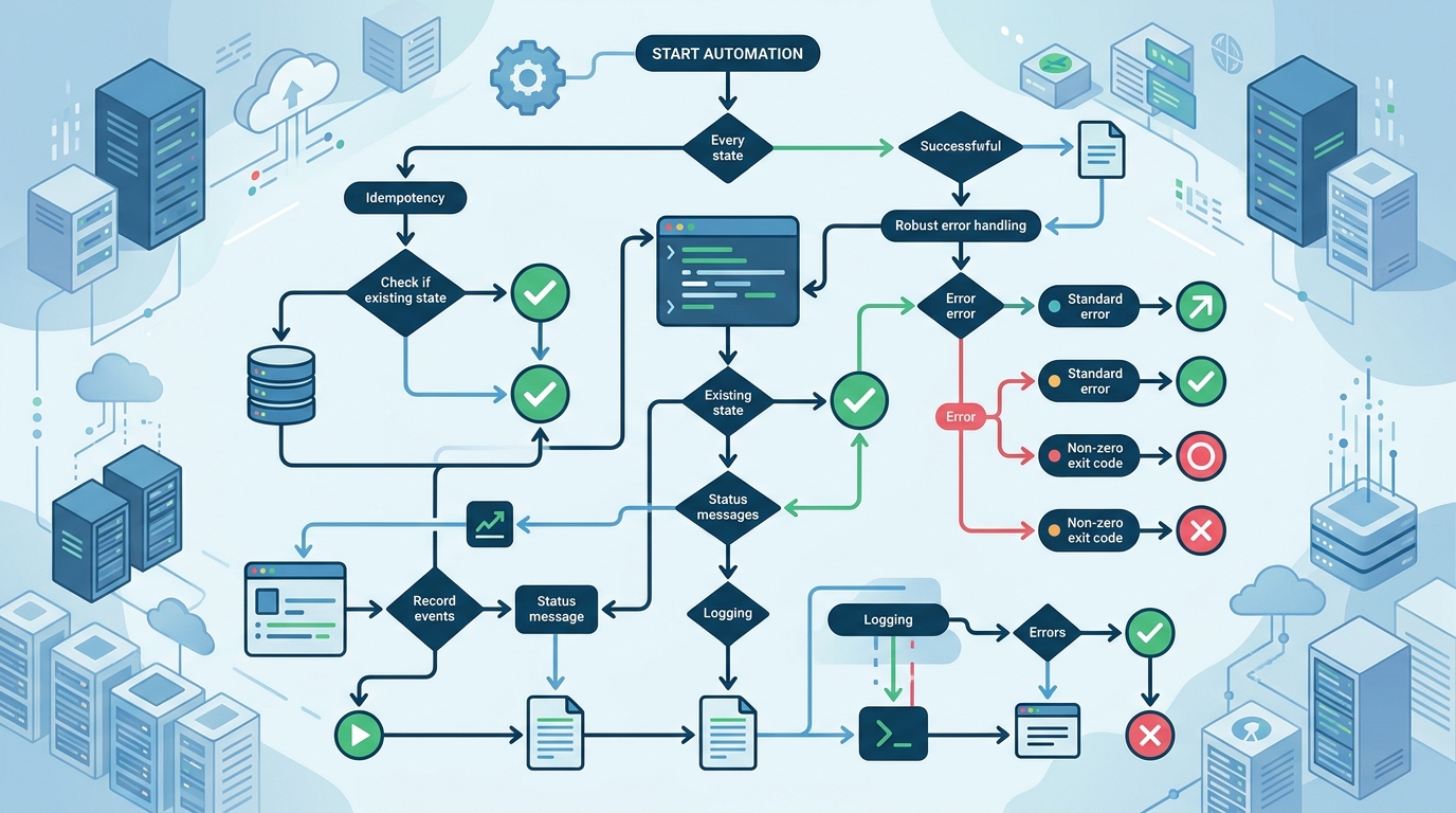 A conceptual flowchart illustrating key bash automation patterns like idempotency, error handling, and logging on a Linux server.
