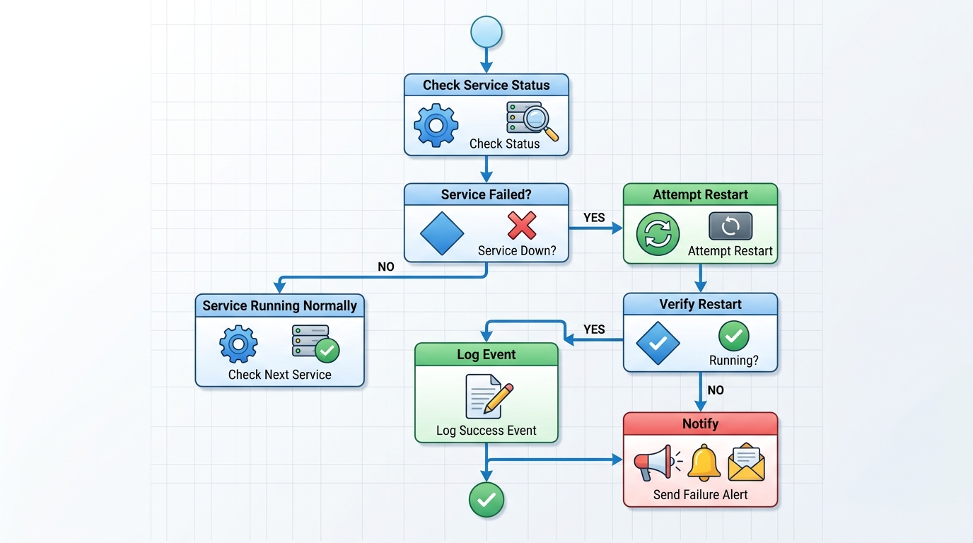 Diagram illustrating the workflow of a bash script for restarting failed services, showing steps from status check to restart attempts and logging.