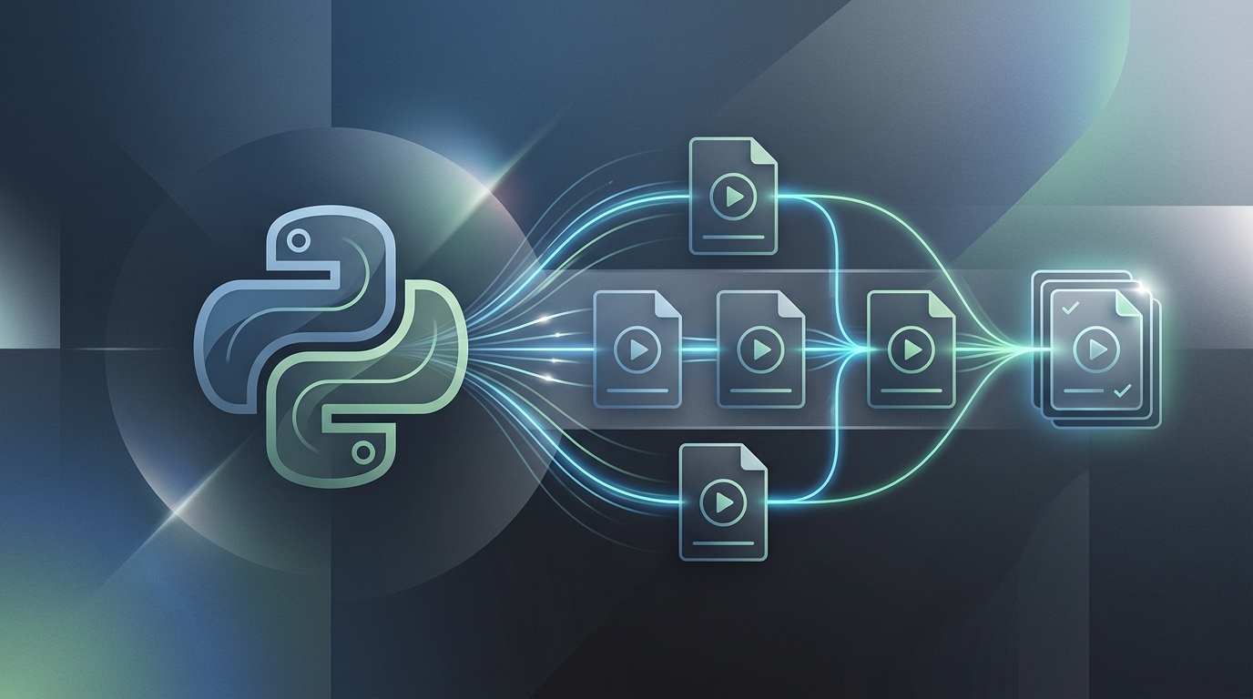 Abstract illustration of a Python script automating video file processing, representing batch video editing.