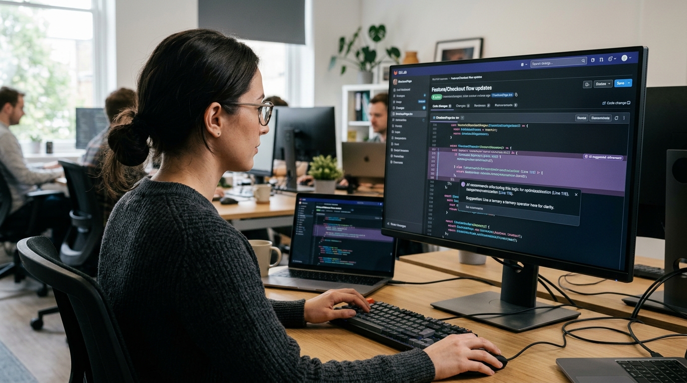 A developer's screen showing a code review interface with AI-generated suggestions.
