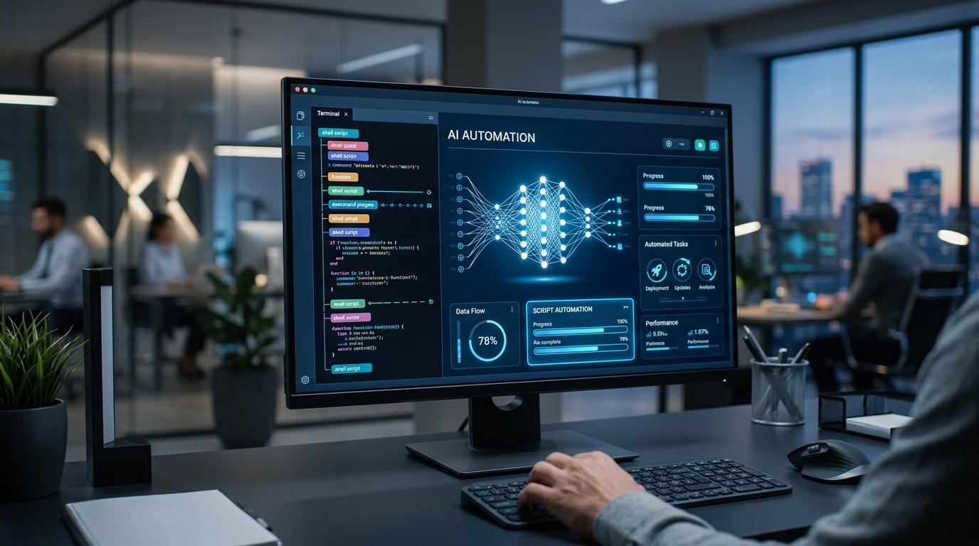 A clean AI interface with elements suggesting code generation and automation, representing Claude AI assisting with shell scripts.