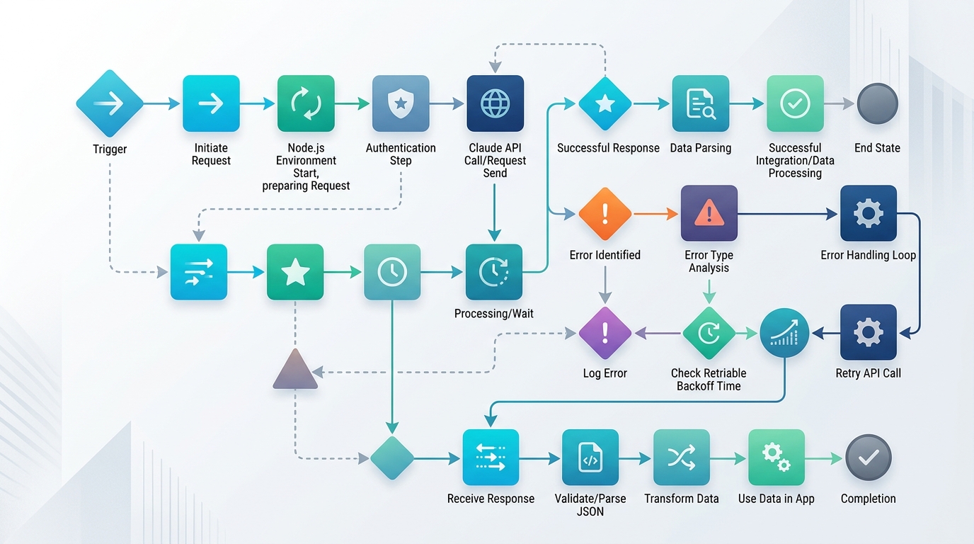 Flowchart illustrating the complete request lifecycle of a robust Claude API integration within a Node.js application, including authentication, API calls, and error handling.