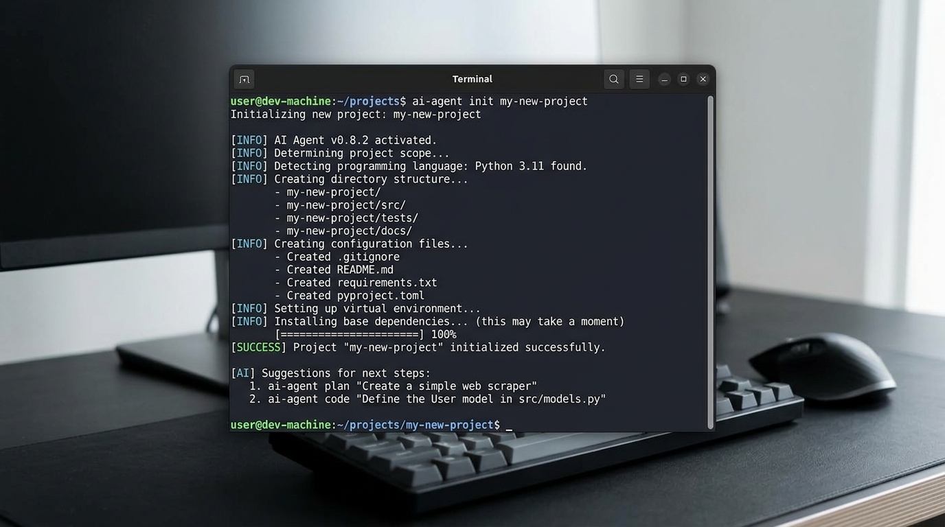 A terminal window showing the initialization process of an AI coding agent, with commands and output related to setting up a new project.