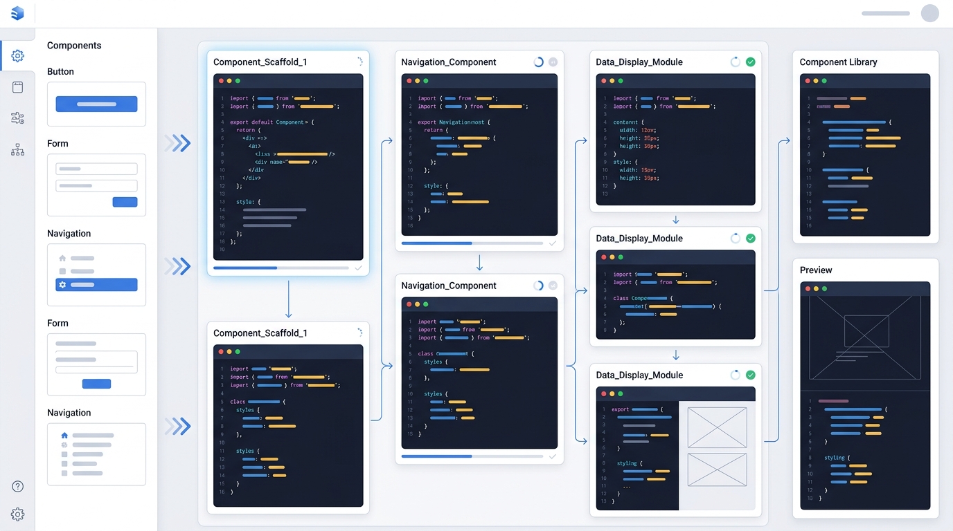 Claude Code workflow example demonstrating the generation of component scaffolding for frontend development.