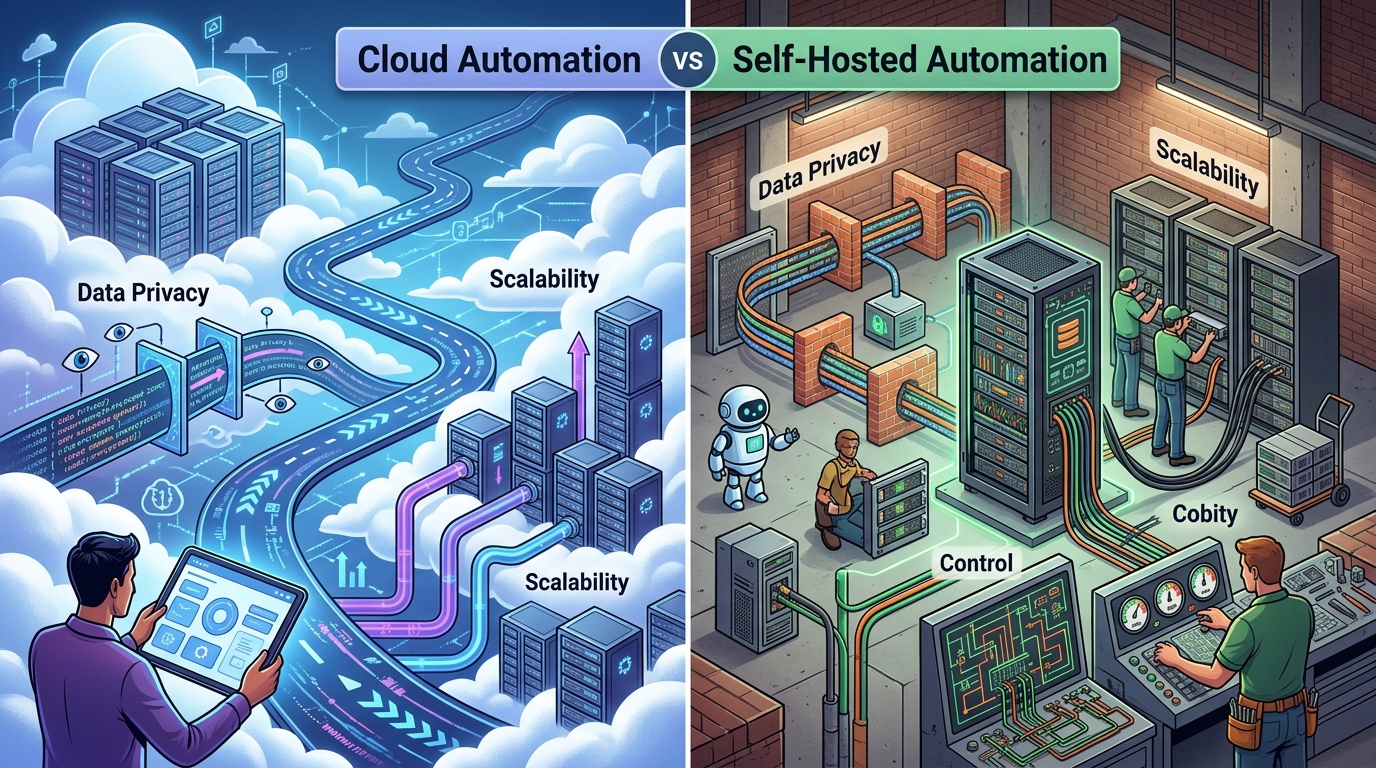 A visual comparison highlighting the differences between cloud automation and self-hosted deployment models, focusing on privacy, control, and cost.