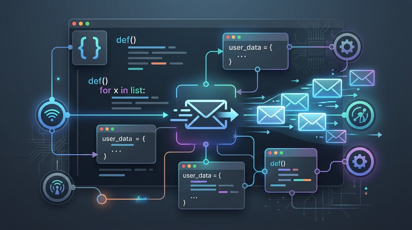 A stylized code interface displaying Python script elements for automating email outreach, suggesting integration with an email API like SendGrid.
