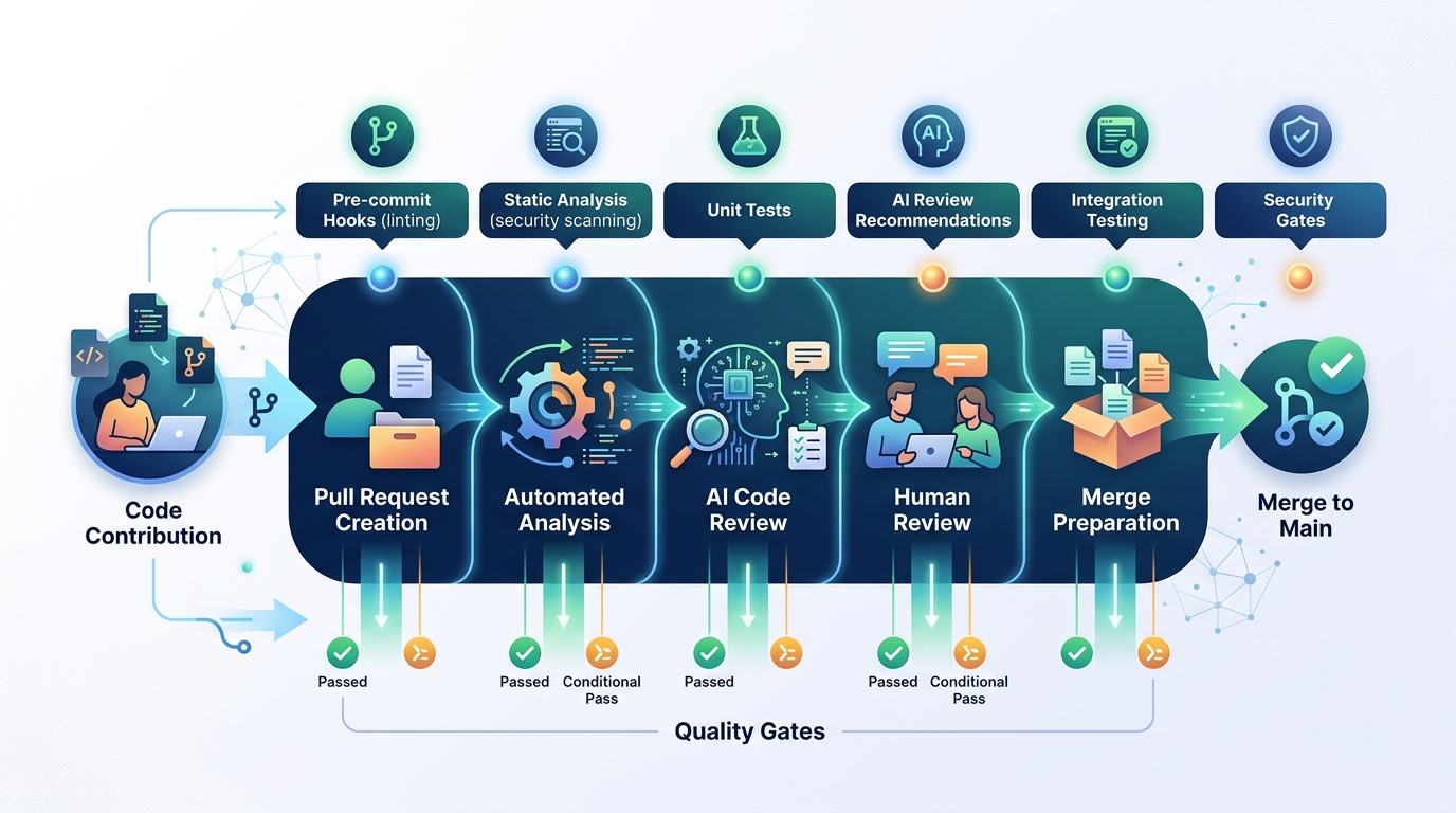 A diagram illustrating a code review workflow with AI integration, showing quality gates and automated checks.
