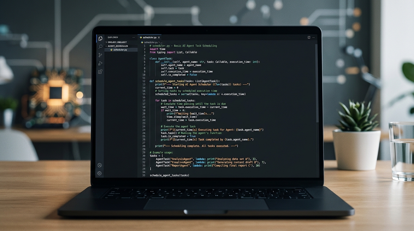 A code snippet for running AI agents on a schedule using Python, displayed in a clean editor interface.