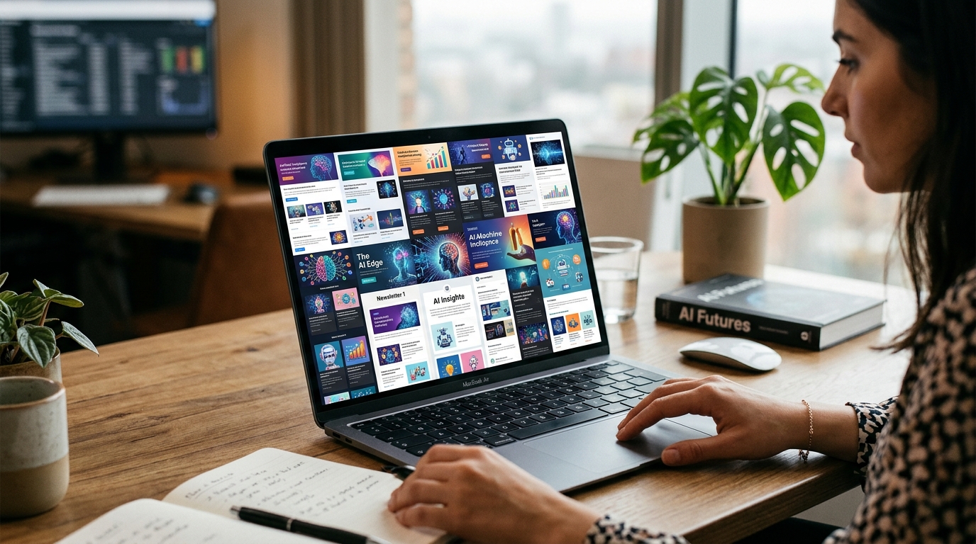 A collage of various AI newsletters displayed on a laptop screen, symbolizing the best AI newsletters of 2026.