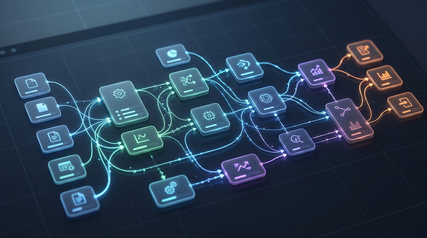 Abstract visualization of a node-based interface, resembling a ComfyUI automation pipeline with interconnected processing blocks.