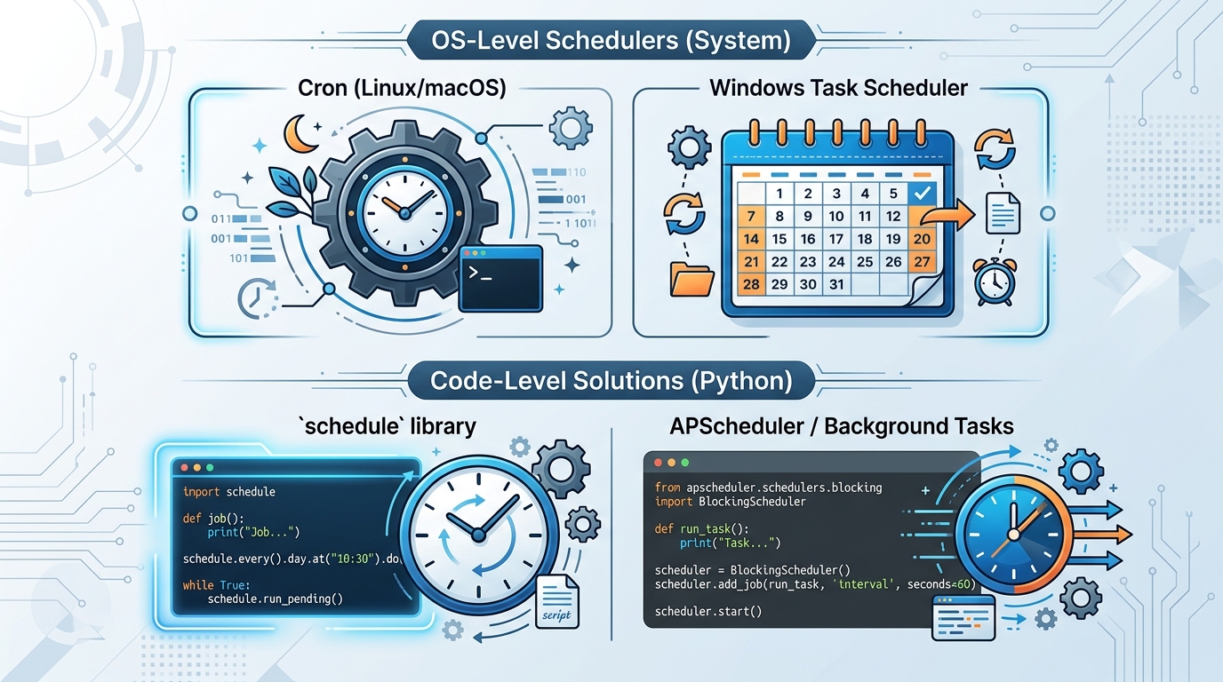 Comparison table or visual representation of different methods to schedule Python scripts, including OS-level schedulers like Cron and Task Scheduler, and code-level solutions.